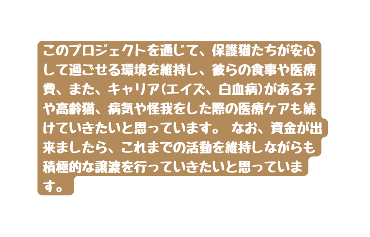 このプロジェクトを通じて 保護猫たちが安心して過ごせる環境を維持し 彼らの食事や医療費 また キャリア エイズ 白血病 がある子や高齢猫 病気や怪我をした際の医療ケアも続けていきたいと思っています なお 資金が出来ましたら これまでの活動を維持しながらも積極的な譲渡を行っていきたいと思っています